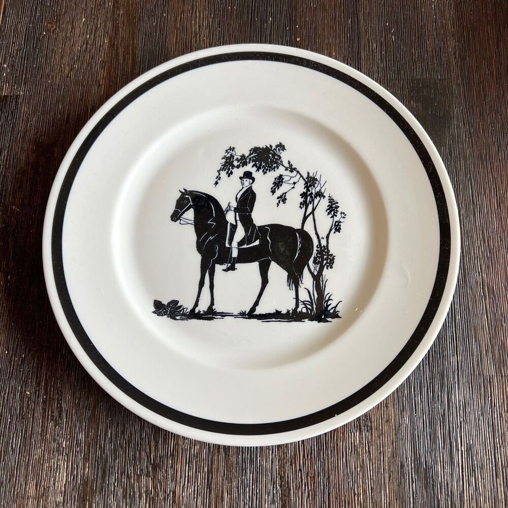 Man On Horse Early American Silhouettes White Black Plate Syracuse China 10.5 in